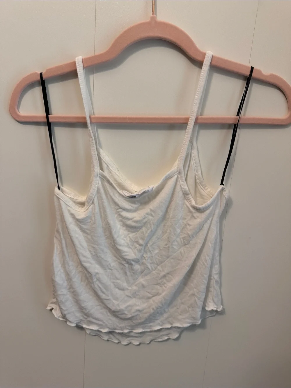 Double Zero White Cropped Cowl Neck Tank with Black Spaghetti Straps